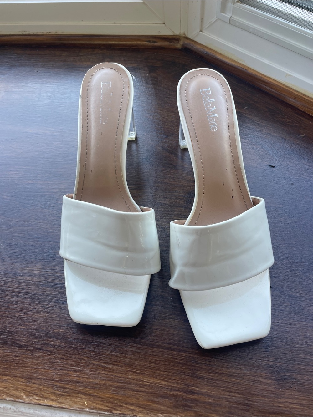 Bella Marie Cream Square-Toe Slide Mules with Clear Heel
